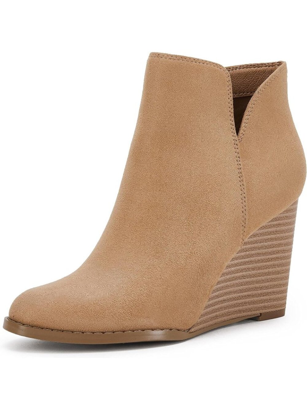 Women's Light Brown Faux Suede Zip-up Closed Toe Stacked V Cut Wedge Ankle Boots